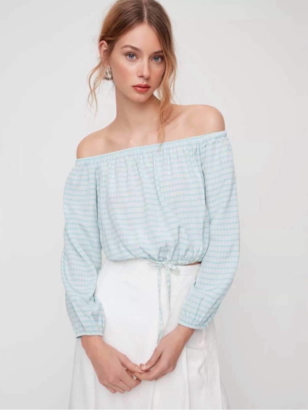 NEW Wilfred Elenora Off Shoulder Gingham Plaid Windowpane Blouse Long Sleeve Top